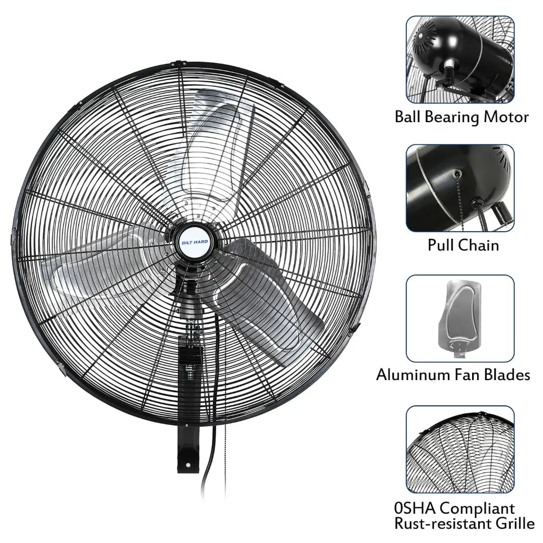 BILT HARD 24" 6500 CFM High-Velocity Wall Fan: 3-Speed Oscillating, Heavy-Duty Shop Fan, UL Listed