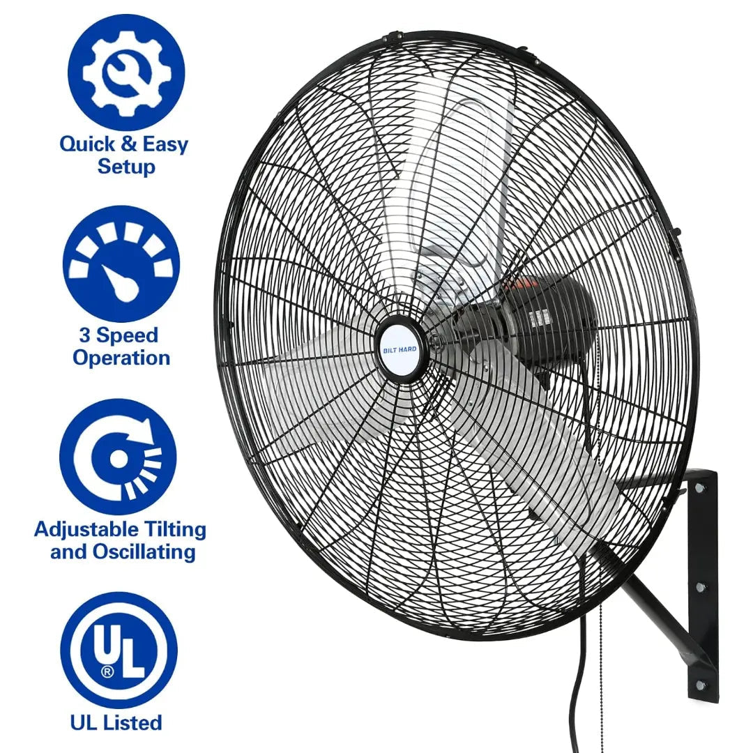 BILT HARD 24" 6500 CFM High-Velocity Wall Fan: 3-Speed Oscillating, Heavy-Duty Shop Fan, UL Listed