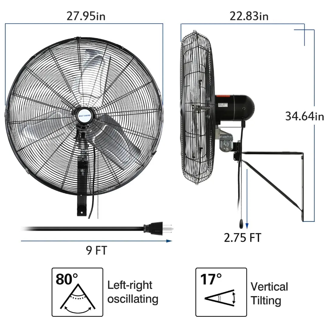 BILT HARD 24" 6500 CFM High-Velocity Wall Fan: 3-Speed Oscillating, Heavy-Duty Shop Fan, UL Listed