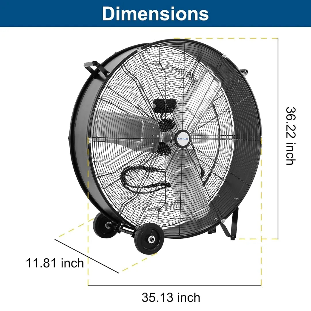 BILT HARD 34" 15000 CFM Industrial Drum Fan, 3-Speed Heavy Duty Shop Fan – UL Listed