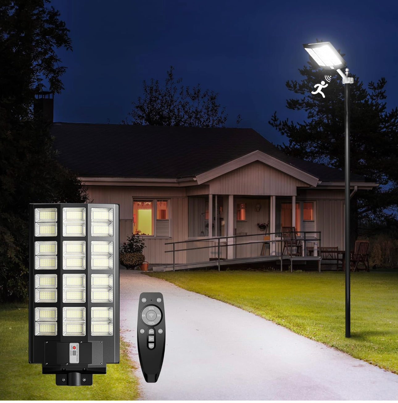 1200W Commercial Solar Street Light , 100000LM Parking Lot Light Dusk to Dawn With Remote