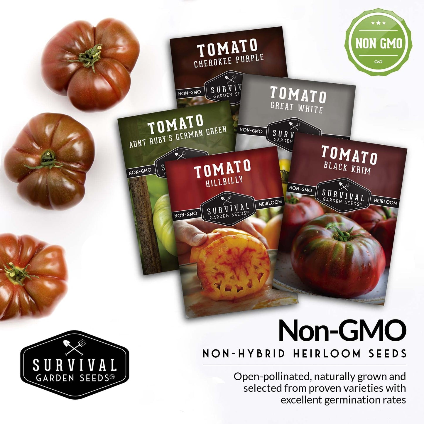 Colorful Tomato Collection - Black Krim, Great White, Aunt Ruby’s German Green, Hillbilly & Cherokee Purple