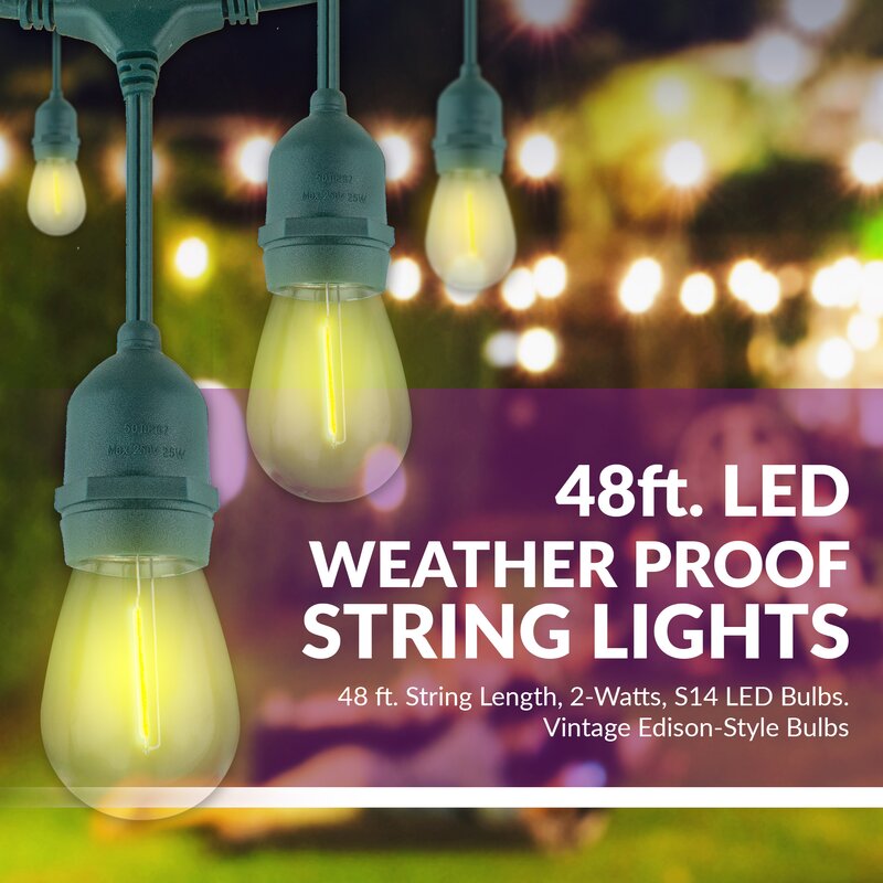 48 Ft Plug-In LED Outdoor String Lights Waterproof- Hanging, Dimmable 2W Vintage Edison Bulbs