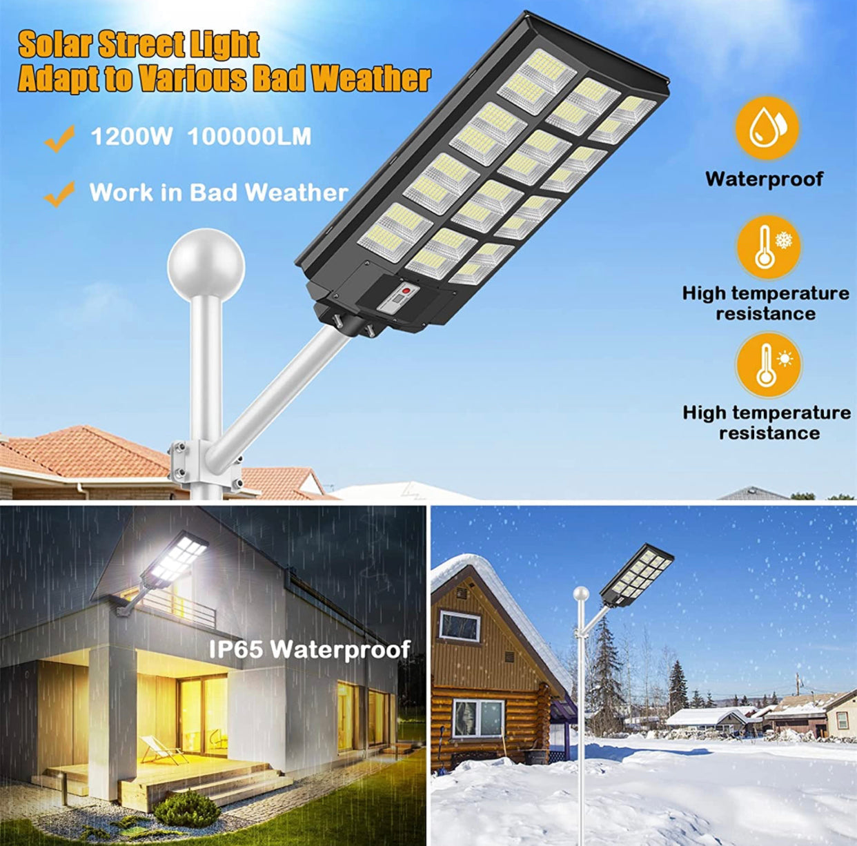 1200W Commercial Solar Street Light , 100000LM Parking Lot Light Dusk to Dawn With Remote