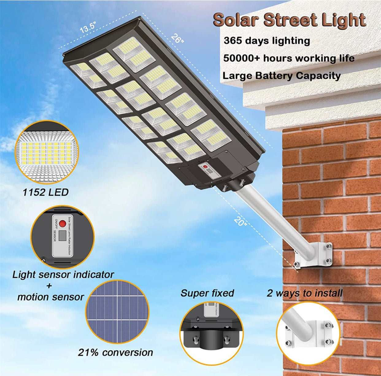 1200W Commercial Solar Street Light , 100000LM Parking Lot Light Dusk to Dawn With Remote