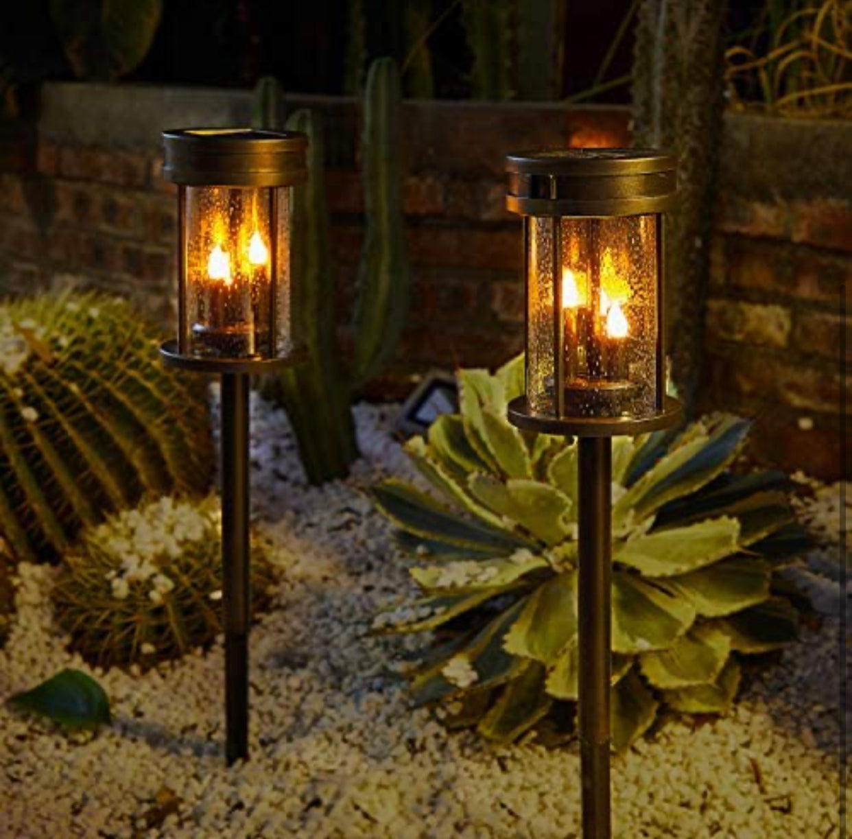 Solar Flickering Candle Lantern Outdoor Garden Stake Lights (2Pack, Black)