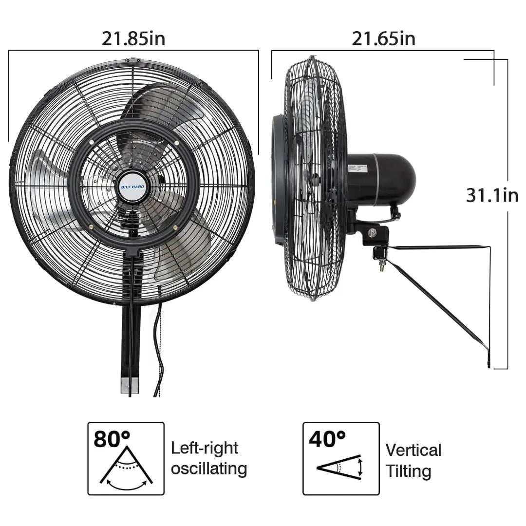 BILT HARD 20" Outdoor Wall Misting Fan: 3-Speed, 80° Oscillation, Waterproof, Heavy-Duty & UL Listed
