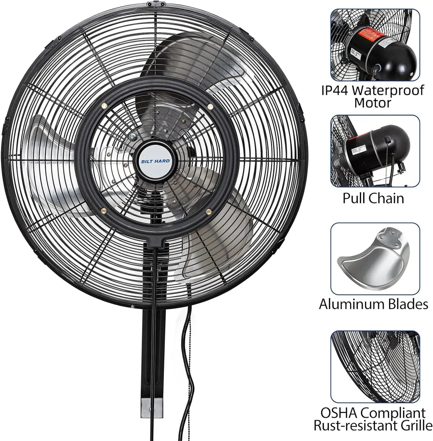 BILT HARD 20" Outdoor Wall Misting Fan: 3-Speed, 80° Oscillation, Waterproof, Heavy-Duty & UL Listed