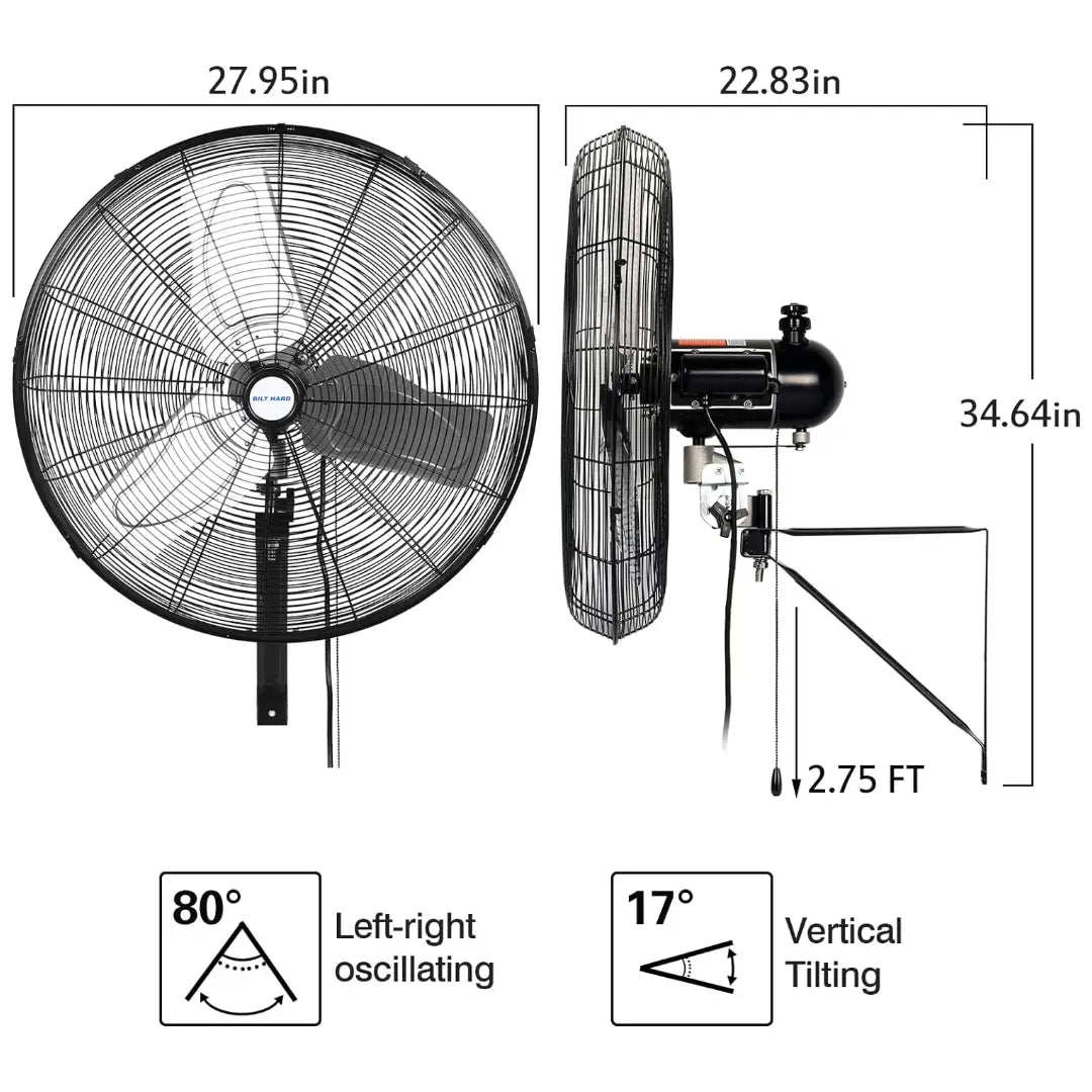 BILT HARD 24" 6300 CFM Outdoor Oscillating Wall Fan: High Velocity, 3-Speed Heavy Duty Waterproof Wall Fan, UL Listed