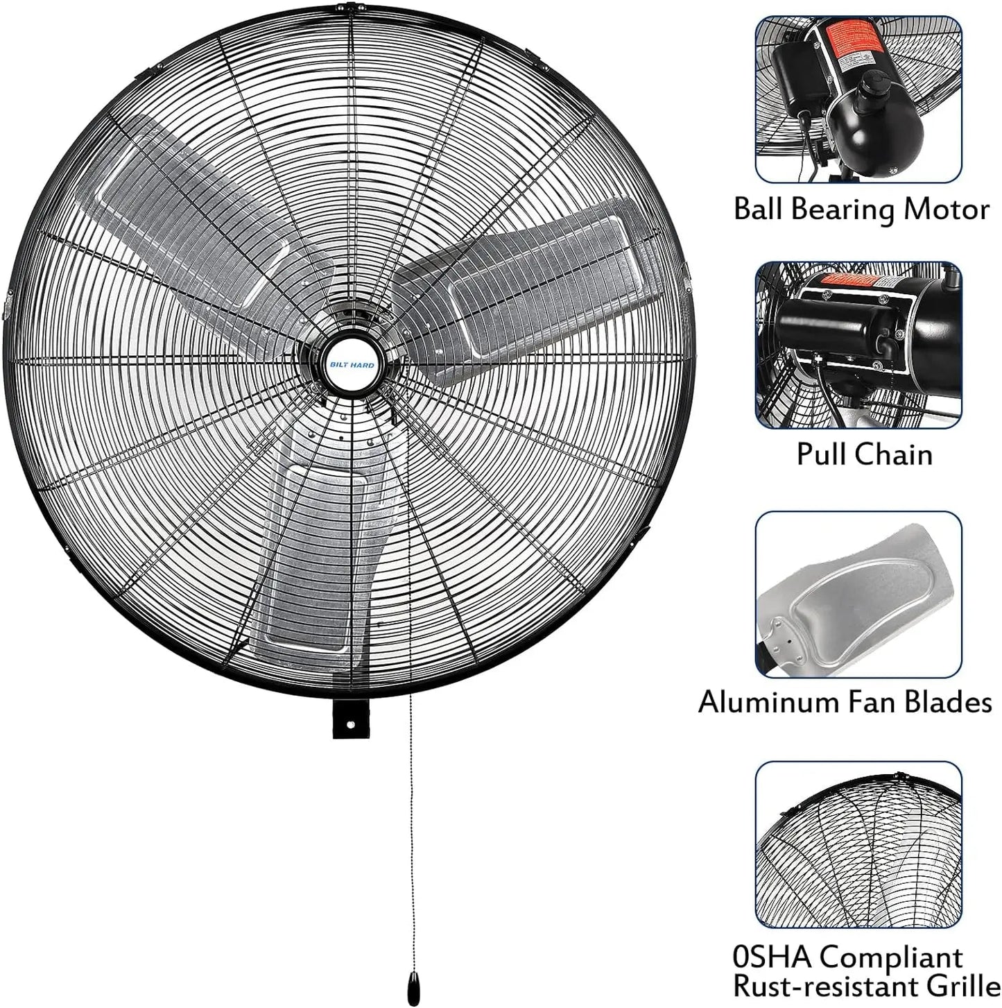 BILT HARD 24" 6300 CFM Outdoor Oscillating Wall Fan: High Velocity, 3-Speed Heavy Duty Waterproof Wall Fan, UL Listed