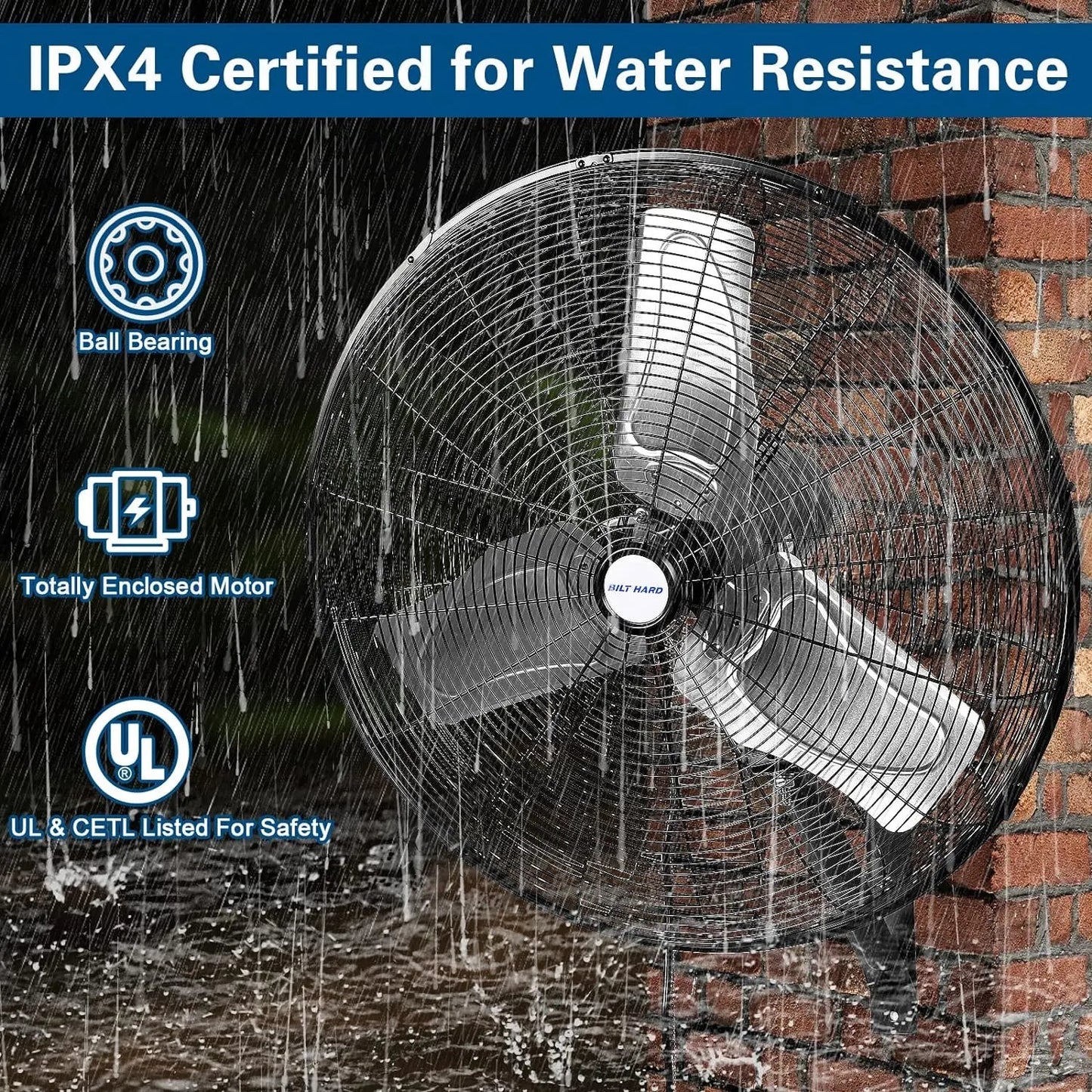BILT HARD 24" 6300 CFM Outdoor Oscillating Wall Fan: High Velocity, 3-Speed Heavy Duty Waterproof Wall Fan, UL Listed