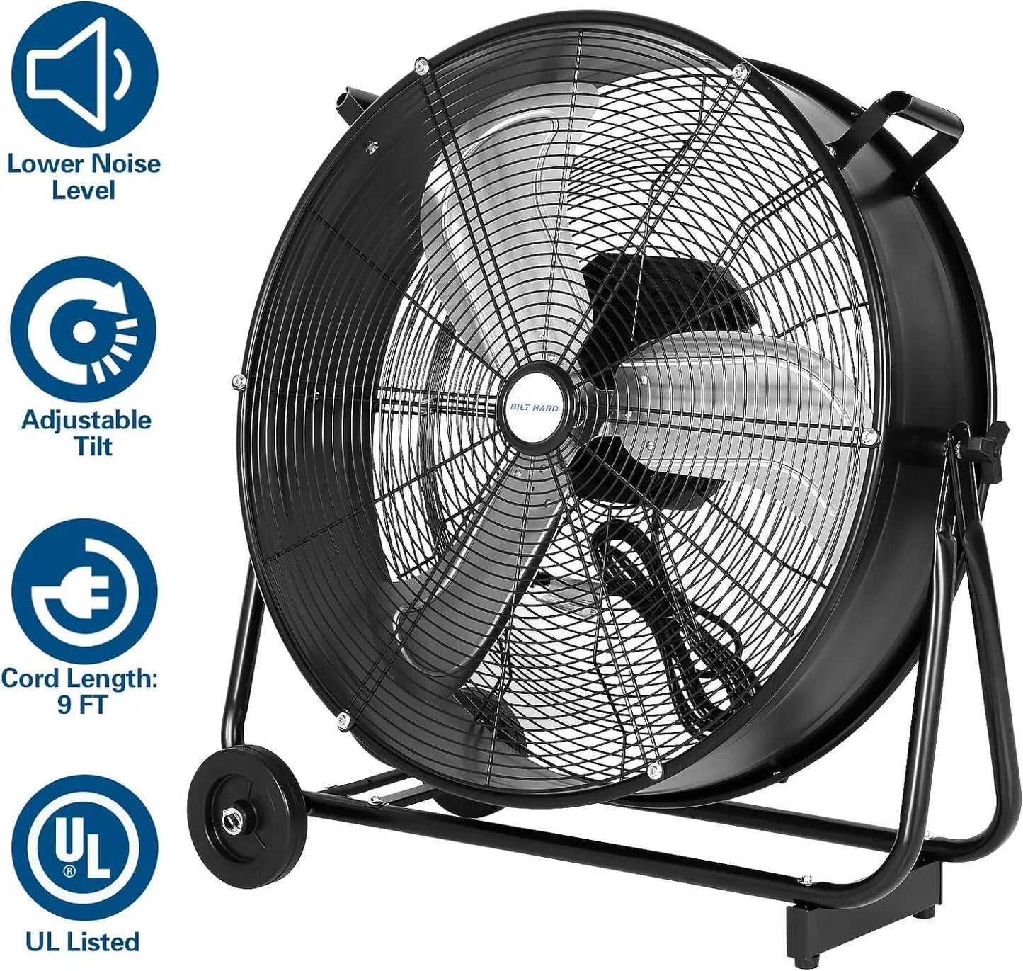BILT HARD 24" Ultra Quiet Variable Speed Drum Fan: 7800 CFM, DC Motor, Heavy Duty Industrial Shop Fan, UL Listed