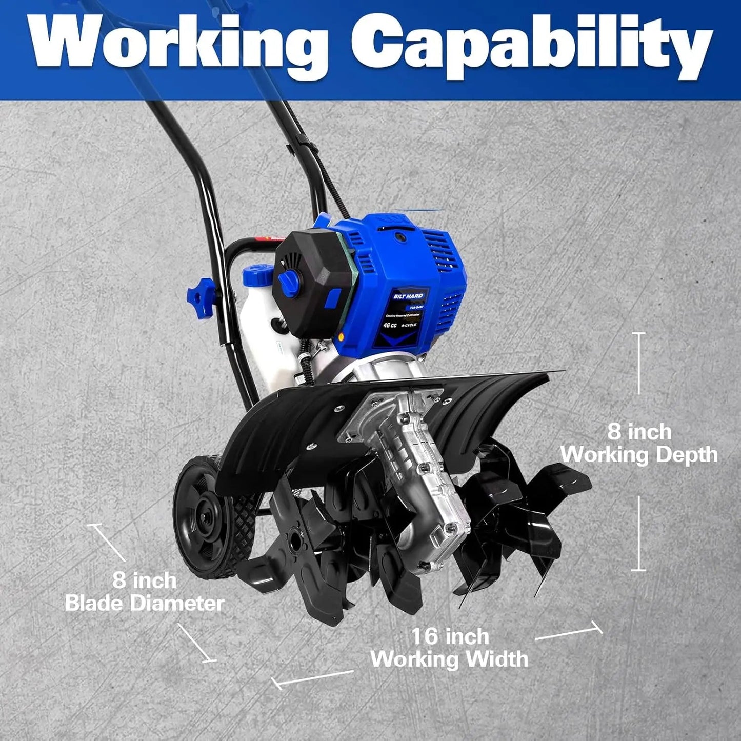 BILT HARD 46cc 4-Cycle Gas Tiller Cultivator – 16" Steel Tines, Adjustable Wheels & Cushioned Handles for Powerful Tilling & Weeding