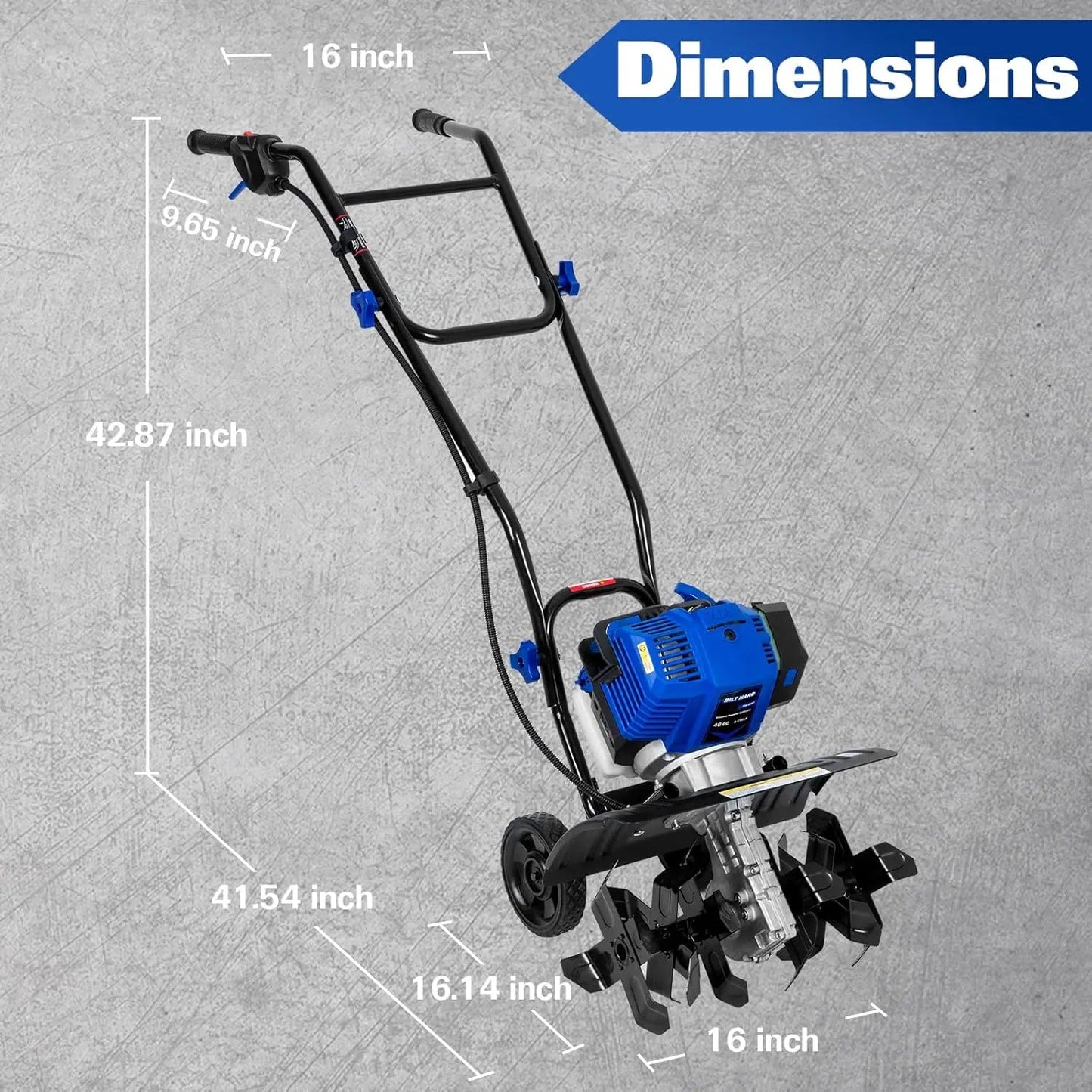 BILT HARD 46cc 4-Cycle Gas Tiller Cultivator – 16" Steel Tines, Adjustable Wheels & Cushioned Handles for Powerful Tilling & Weeding