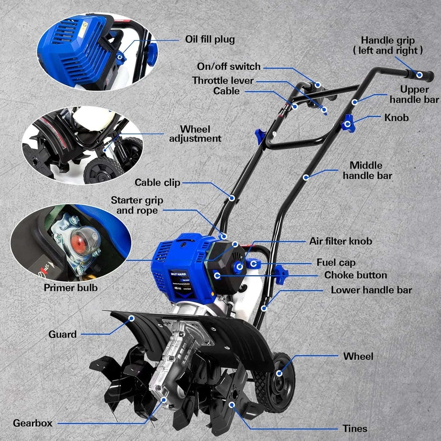 BILT HARD 46cc 4-Cycle Gas Tiller Cultivator – 16" Steel Tines, Adjustable Wheels & Cushioned Handles for Powerful Tilling & Weeding