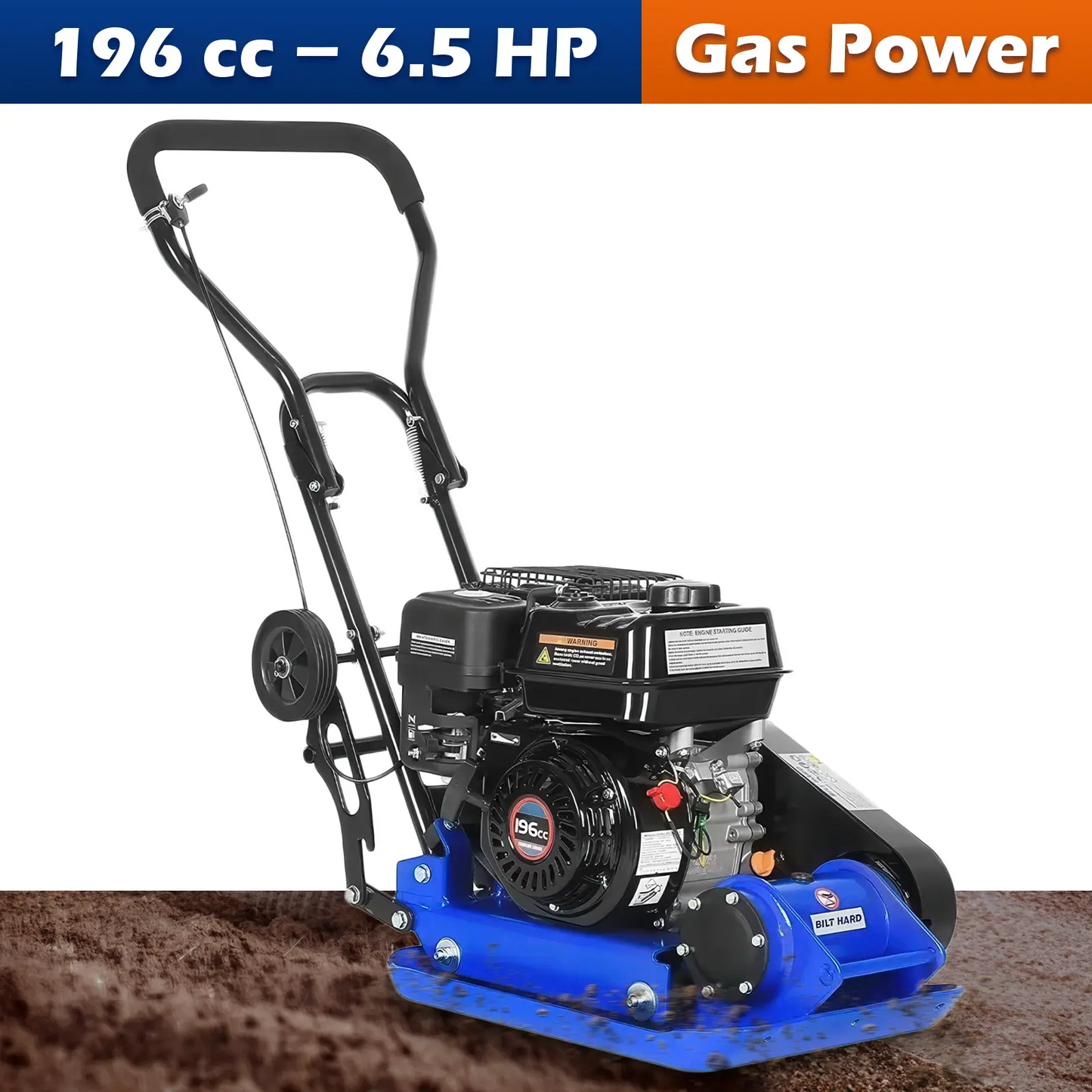 BILT HARD 2500 lbs Plate Compactor Rammer, 6.5HP 196cc Gas Engine, 5500 VPM, EPA Compliant