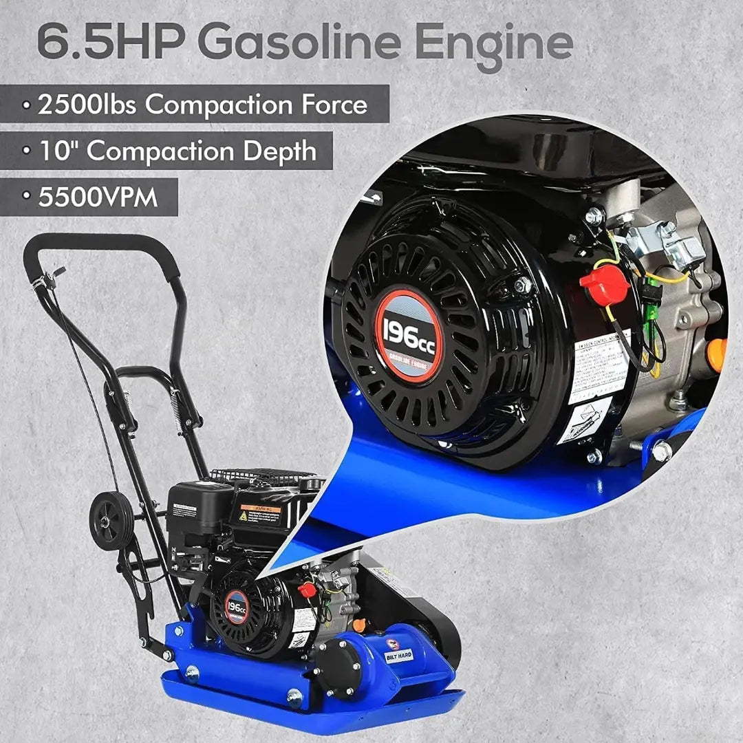 BILT HARD 2500 lbs Plate Compactor Rammer, 6.5HP 196cc Gas Engine, 5500 VPM, EPA Compliant