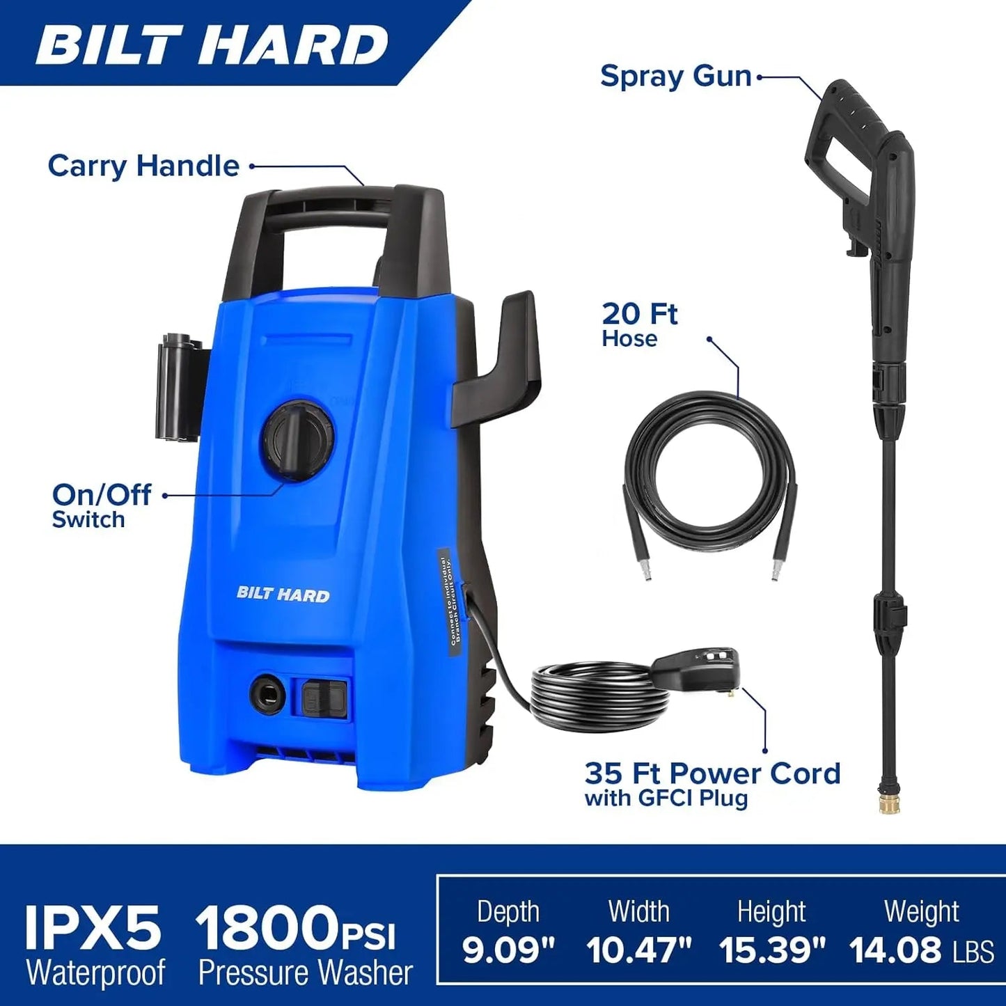 Electric Pressure Washer, 1800 PSI 1.7 GPM Power Washer, Ultra Compact, Lightweight, with 2 Spray Nozzles, 20 Ft Hose, 35 Ft Power Cord, Foam Cannon, for Cleaning Cars, Driveway, Fencing