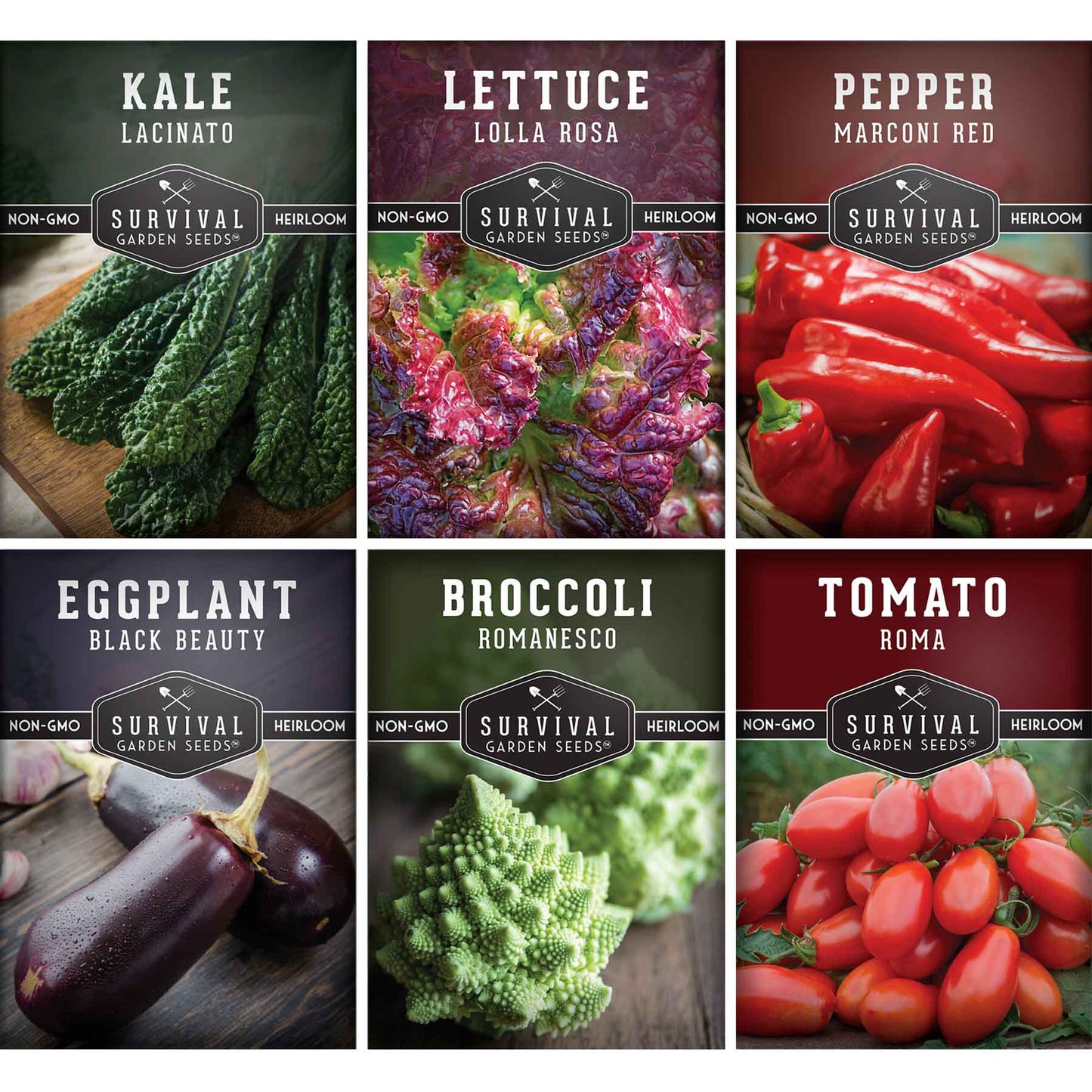 Italian Collection - Romanesco Broccoli, Black Beauty Eggplant, Lacinato Kale, Lolla Rossa Lettuce, Marconi Red Pepper, Roma Tomato