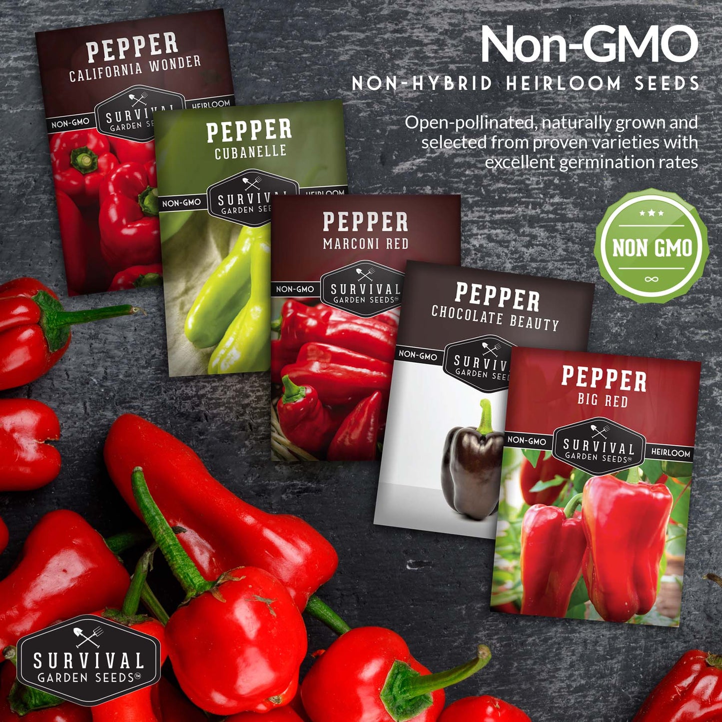 Sweet Pepper Collection - California Wonder Bell, Marconi Red, Cubanelle, Chocolate Beauty, and Big Red Peppers