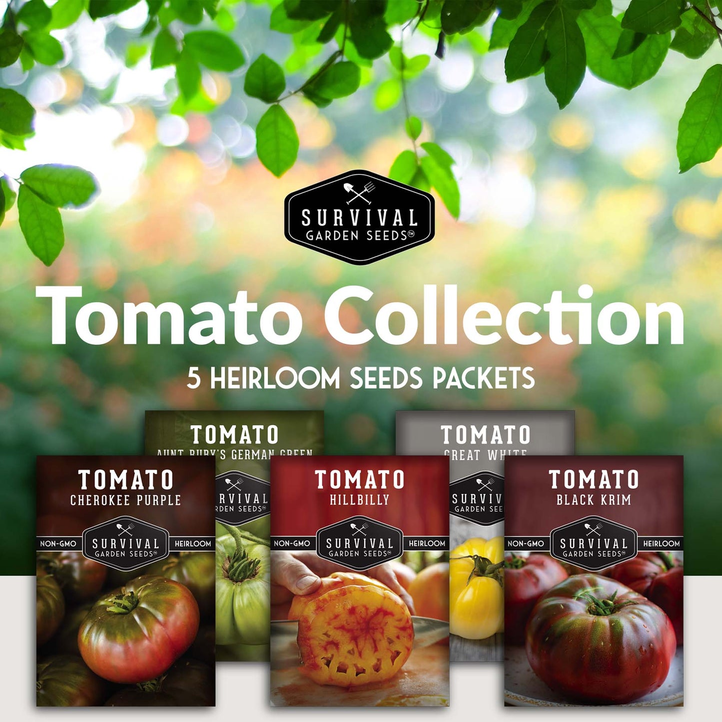 Colorful Tomato Collection - Black Krim, Great White, Aunt Ruby’s German Green, Hillbilly & Cherokee Purple