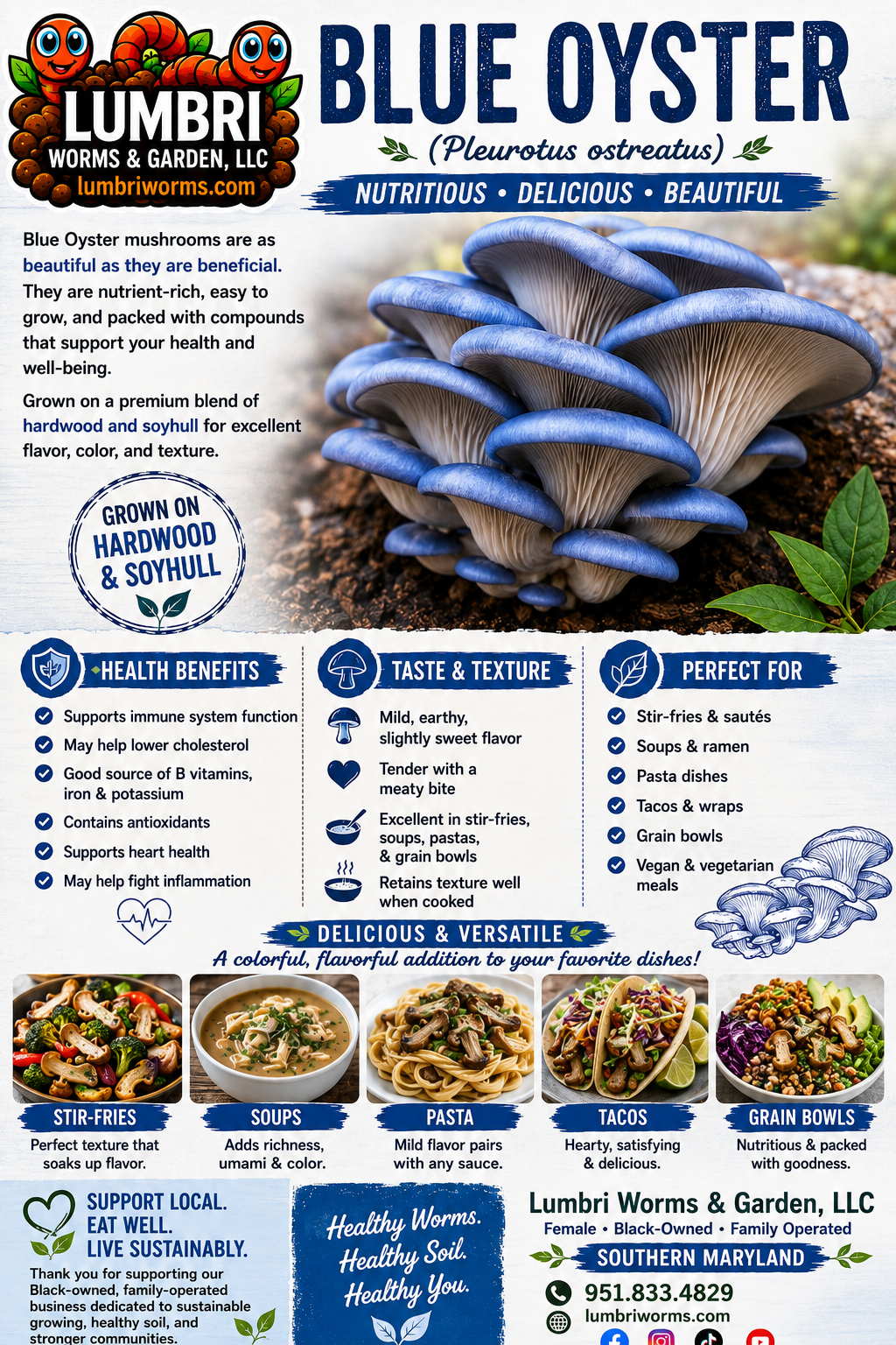 🍄 Fresh Blue Oyster Mushrooms – Delicate & Savory | Lumbri Worms & Garden - LOCAL PICK UP ONLY
