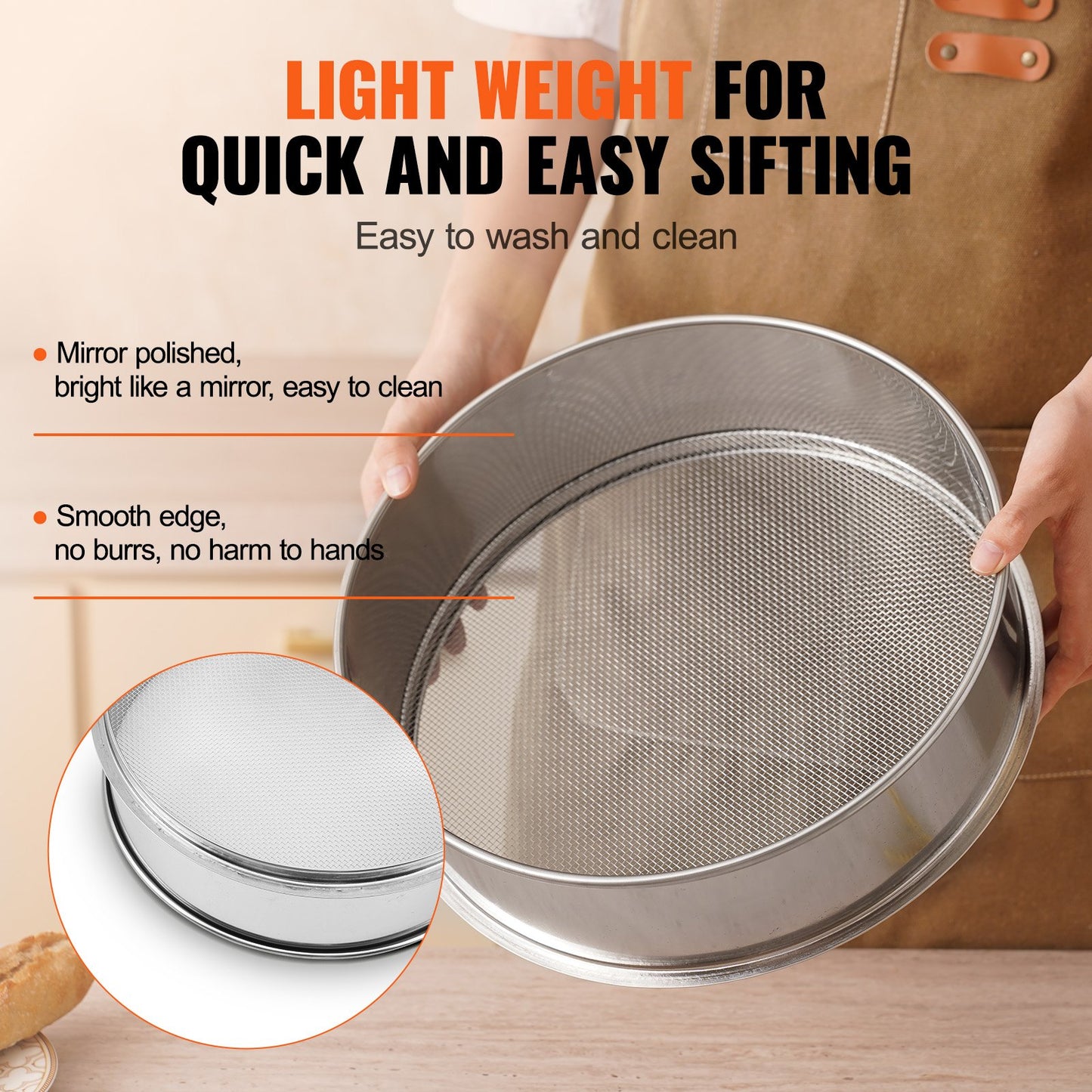 VEVOR Flour Sieve Fine Mesh Stainless Steel 10 Mesh Sifter for Worm Casting Production